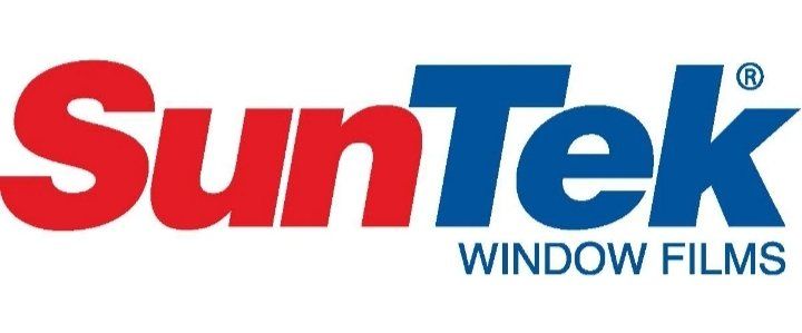 The suntek window films logo is red and blue