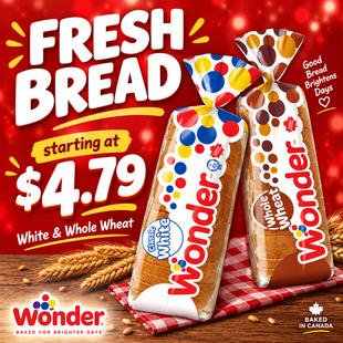 Wonder white and whole wheat bread loaves starting at $4.79