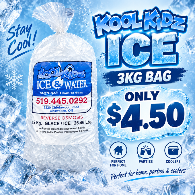 Kool Kidz 3kg bag of ice for $4.50 at Linden Convenience in Brantford