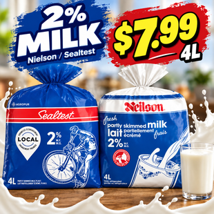 Neilson and Sealtest 2 percent milk 4 litre bags for $7.99