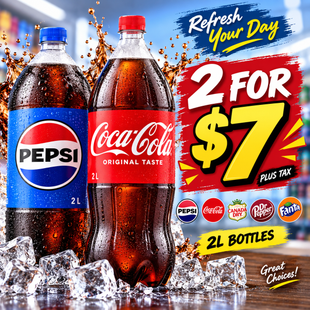Pepsi and Coca-Cola 2 litre soft drink bottles, 2 for $7 plus tax