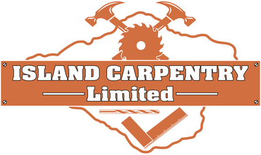 A logo for island carpentry limited with a circular saw and hammers