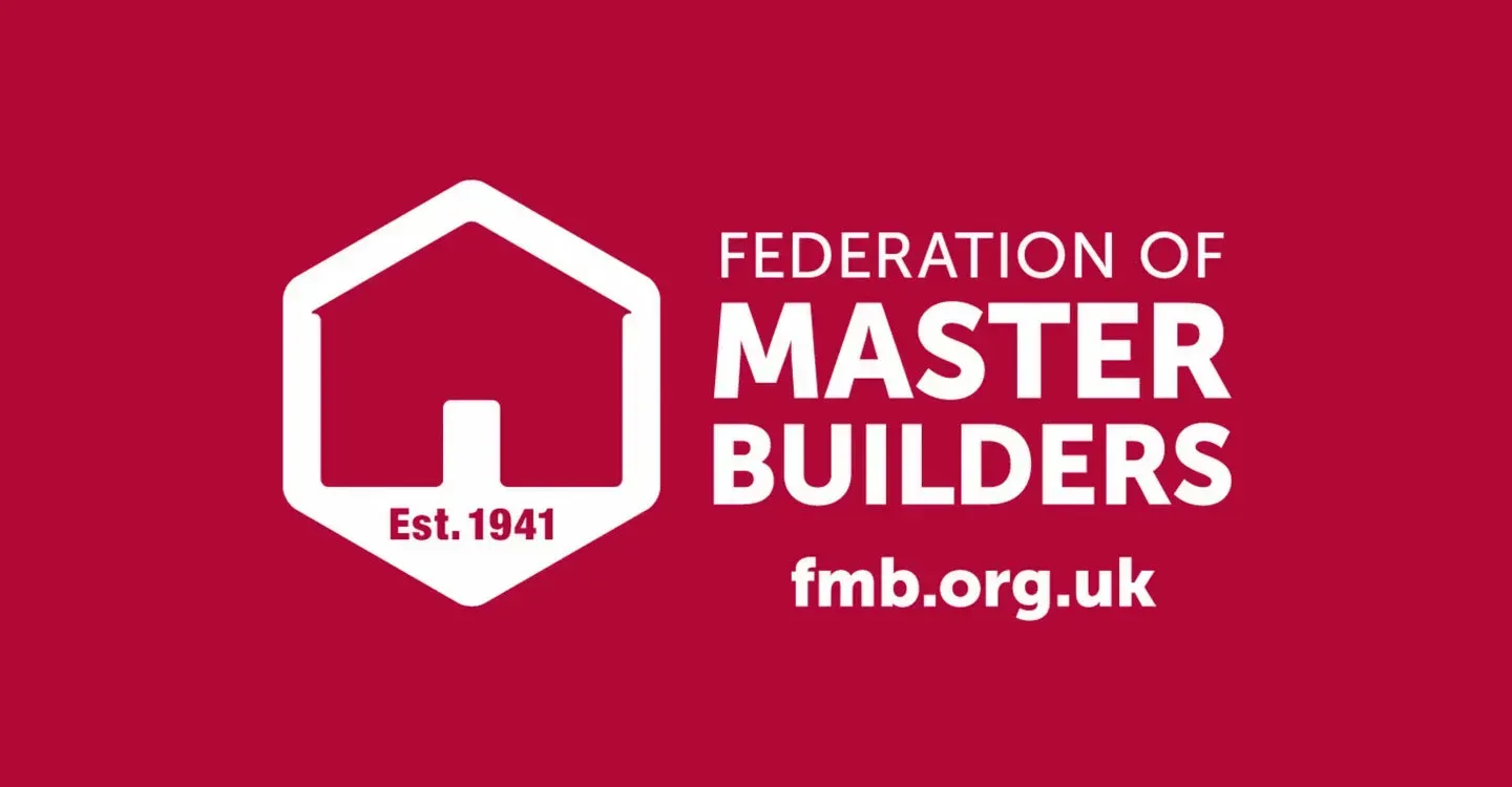The federation of master builders logo is on a red background.