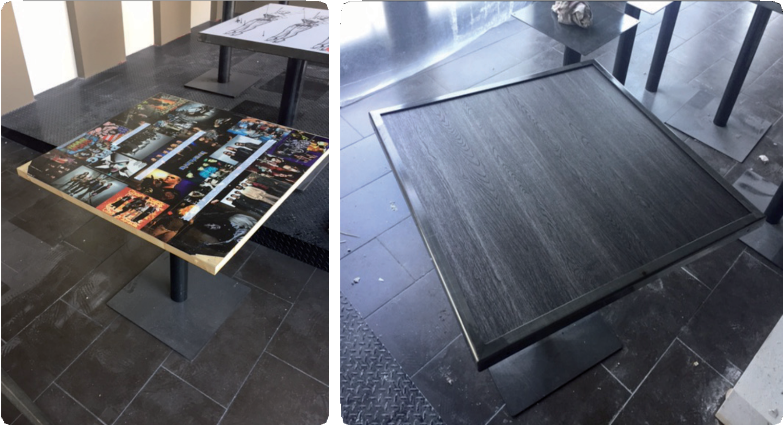Due viste di un tavolo espositivo con piano nero in una stanza piastrellata, uno dei quali ricoperto da materiale stampato.