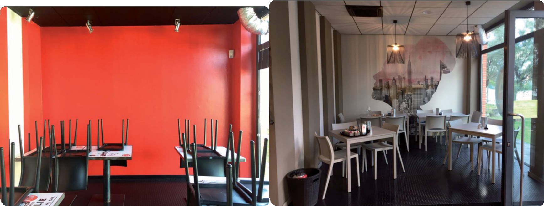 Interno vuoto di un ristorante con una parete d'accento rossa, sedie impilate sui tavoli e tavoli apparecchiati in una sala da pranzo.