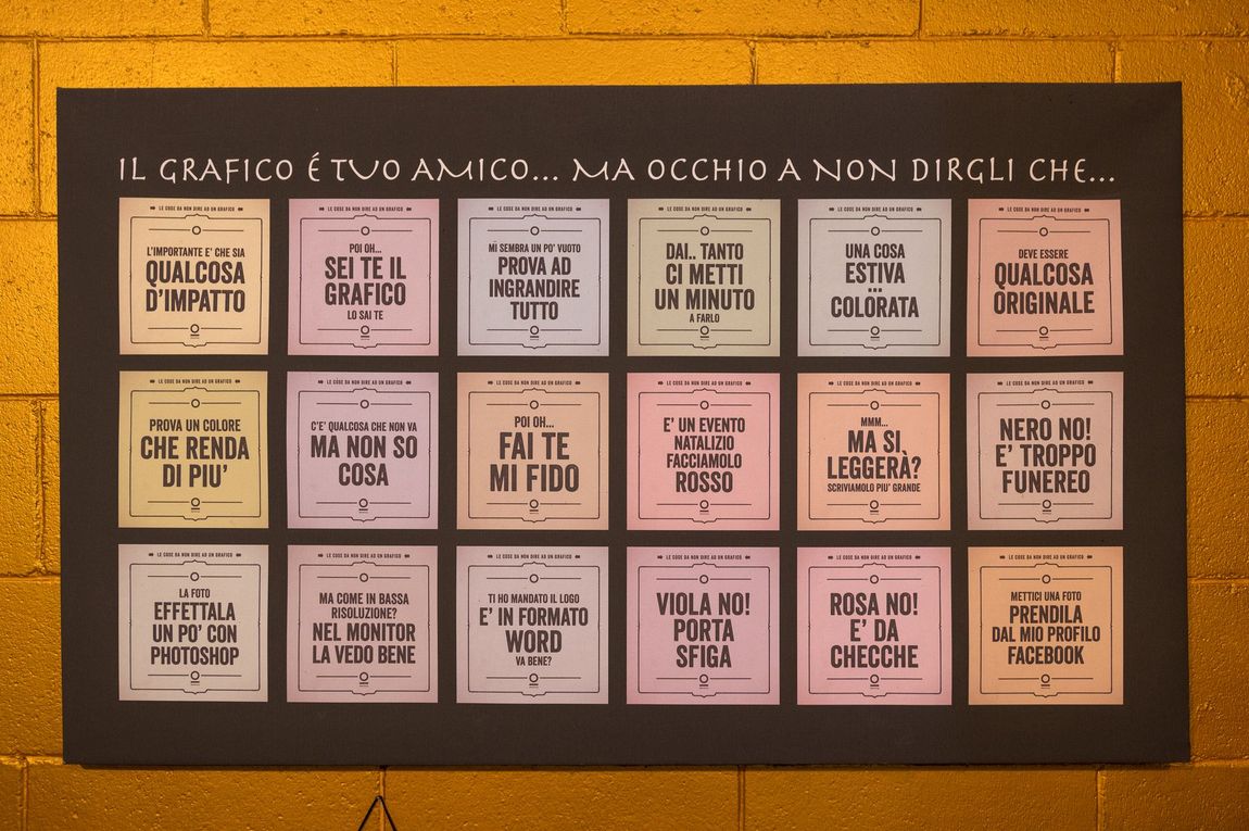 Poster incorniciato con 15 pannelli di testo in italiano su una parete, sormontati da un titolo bianco scritto a mano su sfondo nero.