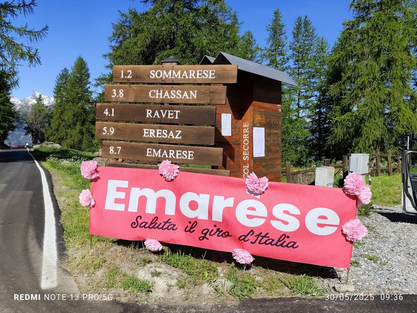 Cartello turistico in legno rosa per Emrese, con indicazioni stradali e fiori a bordo strada.