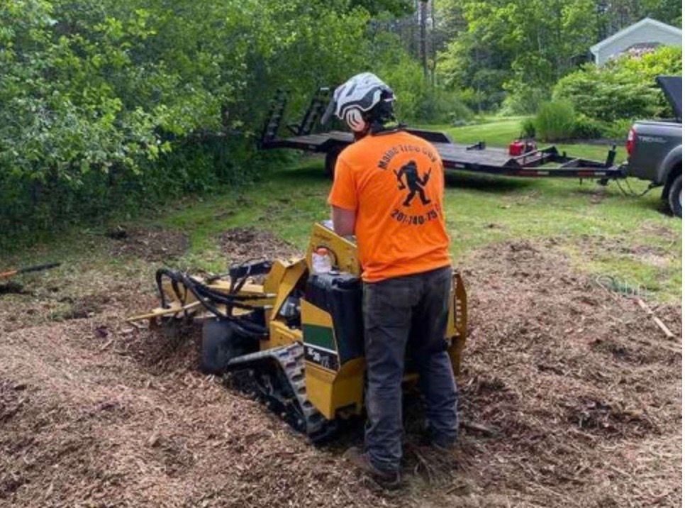 Man operating a stump grinder, wearing orange shirt and safety gear, outdoors.