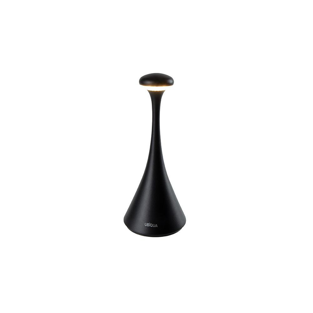 A black table lamp with a light on it on a white background.