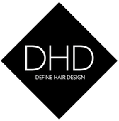 Black diamond with white text: DHD, Define Hair Design.