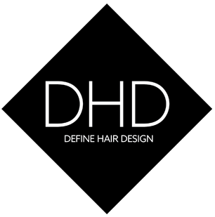 Black diamond with white text: DHD, Define Hair Design.