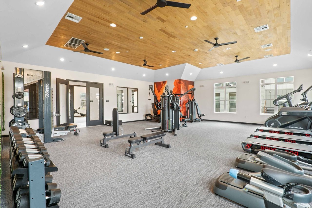 Bright community gym with cardio machines, free weights, and weight machines.