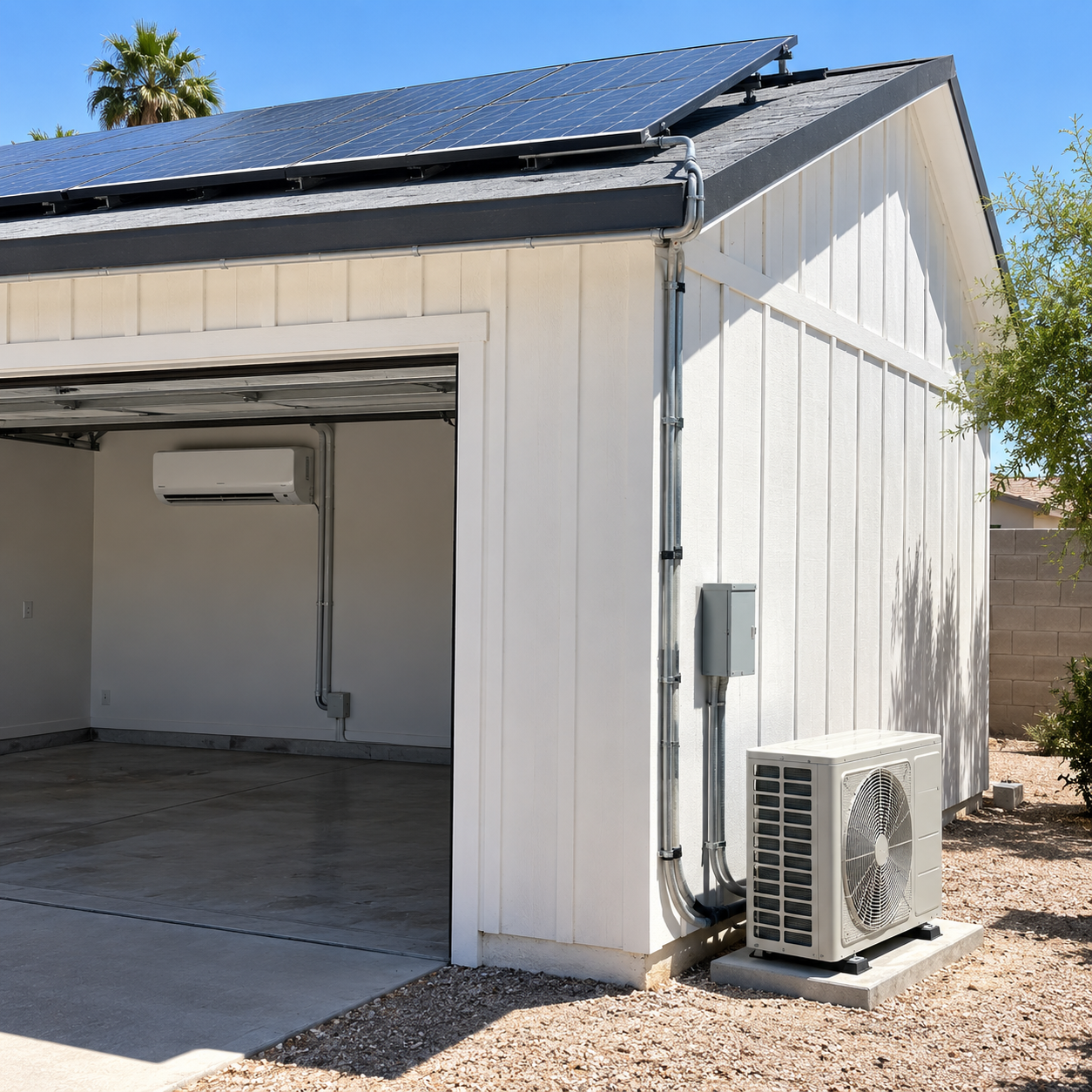Open garage with solar panels on the roof and an outdoor HVAC unit beside the white siding