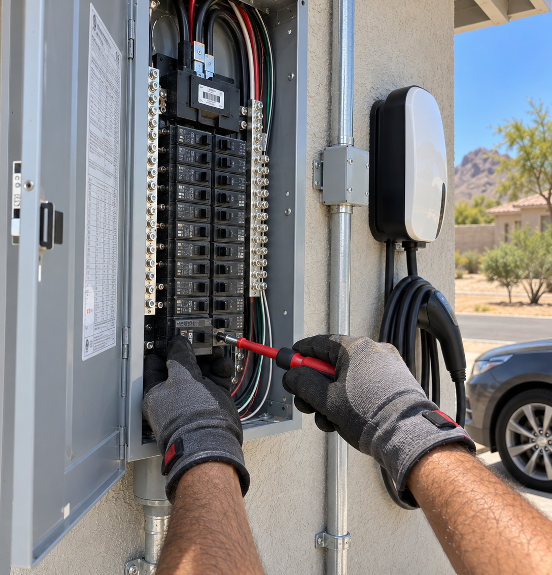 Open electrical breaker panel with labeled circuits and red, black, and white wires exposed.