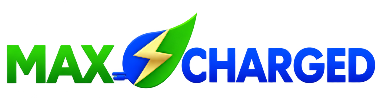 MAXCHARGED logo in green and blue with a lightning bolt through the word mark