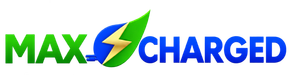 Max Charged logo with green and blue text and a lightning bolt between the words