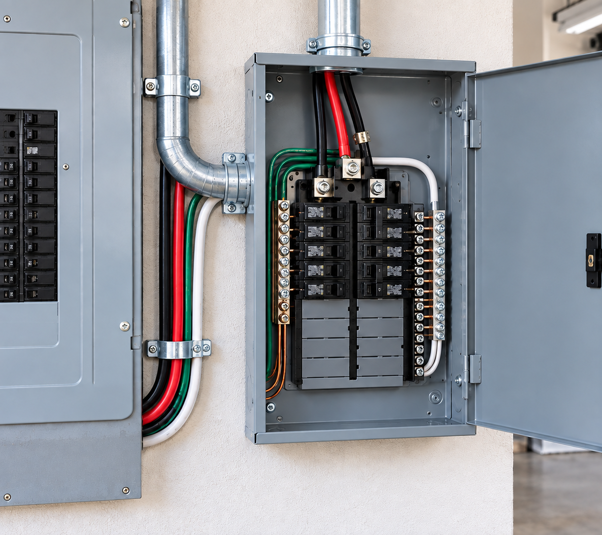 Open electrical panel with circuit breakers and exposed colored wiring mounted on a wall