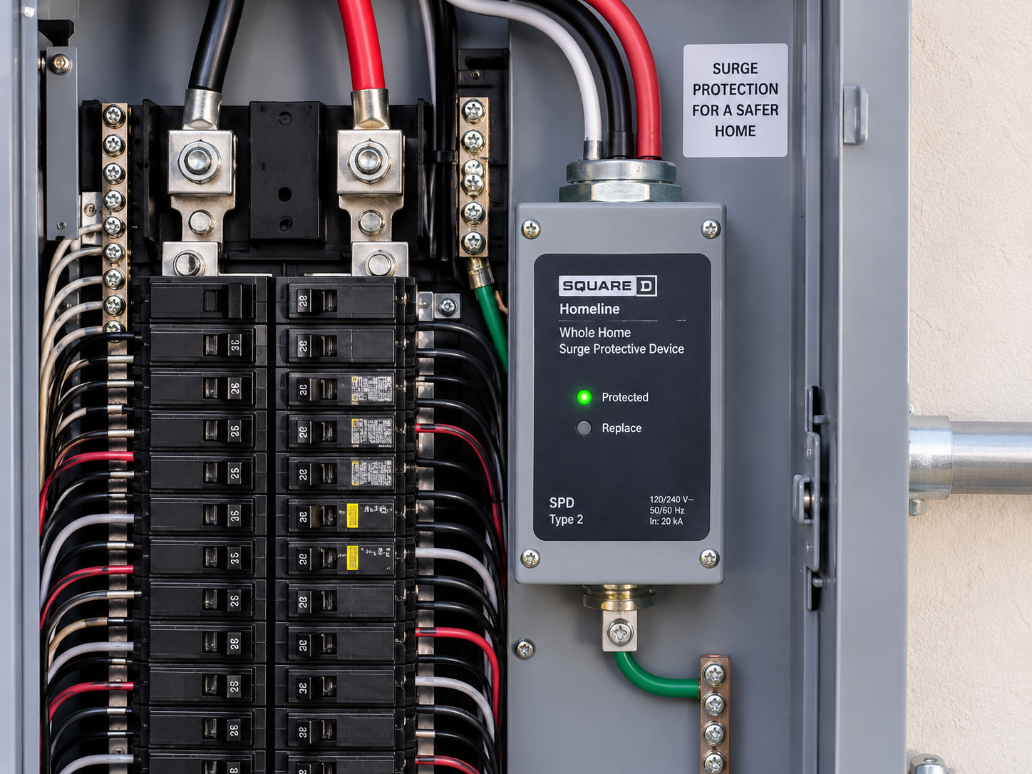 Electrical breaker panel with rows of black switches, red and black cables, and a gray control box