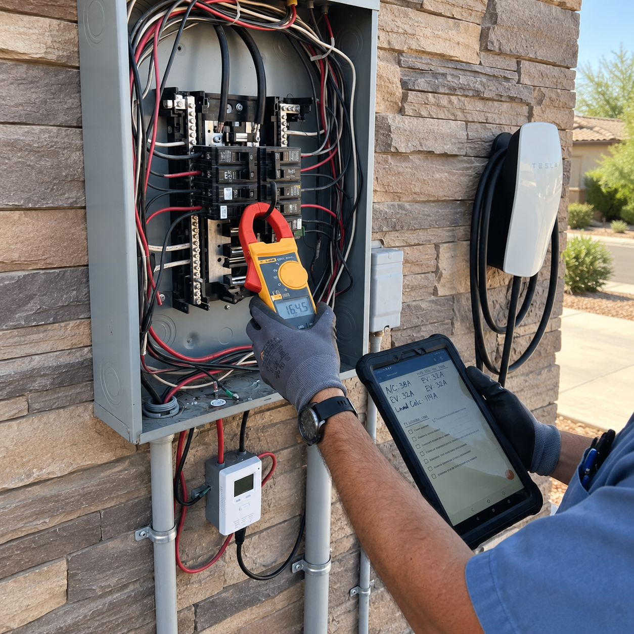 Electrician testing an open outdoor breaker panel with a clamp meter beside a tablet
