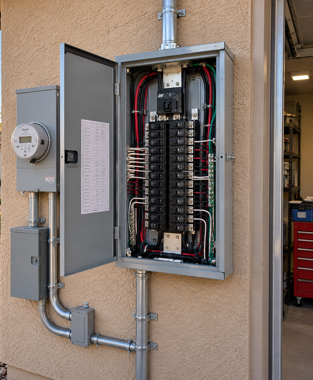 Residential electrical meter and breaker panel mounted on a stucco wall, with utility boxes and conduit nearby