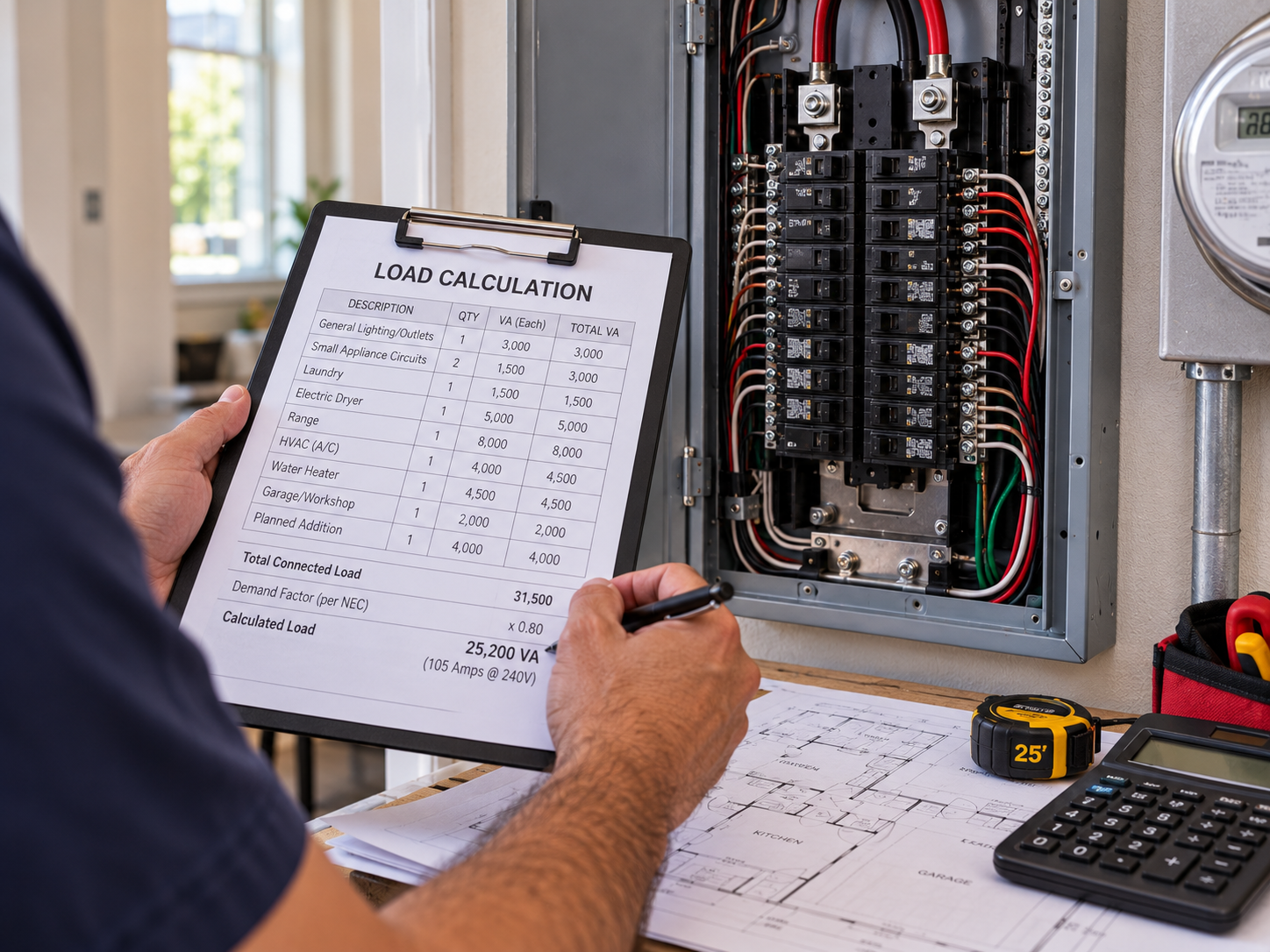 Technician checking a home electrical panel with a clipboard, calculator, and wiring notes.