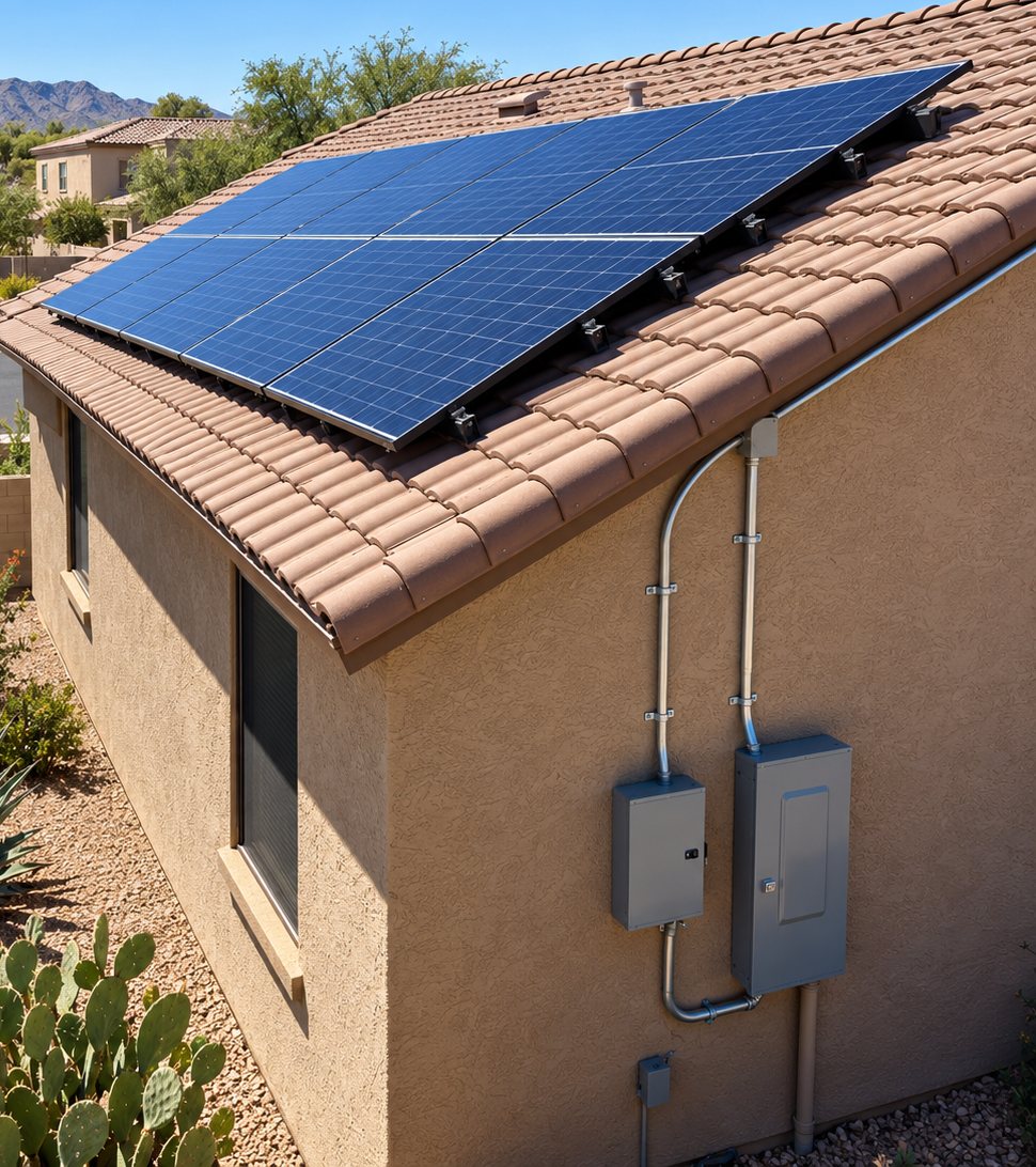 Solar panels mounted on a tan house roof with electrical boxes on the exterior wall.