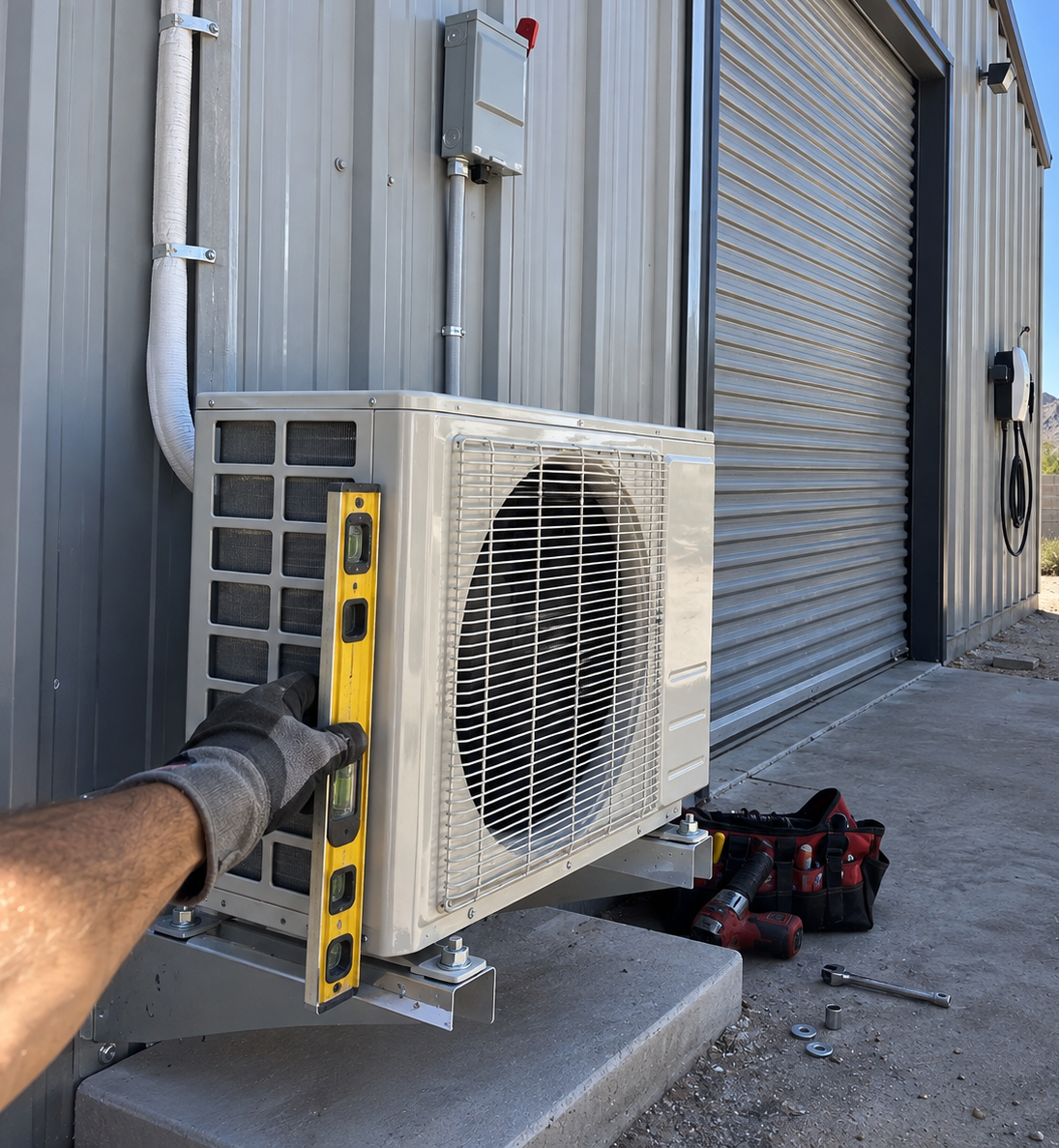 Worker using a level on an outdoor HVAC unit beside a metal building with tools on the ground.