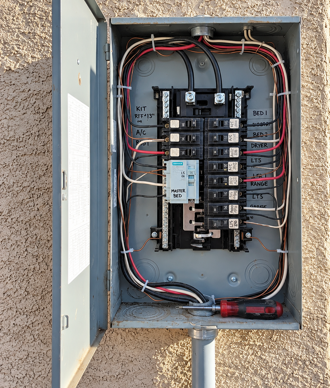 Open electrical breaker panel with wires and circuit breakers outdoors.