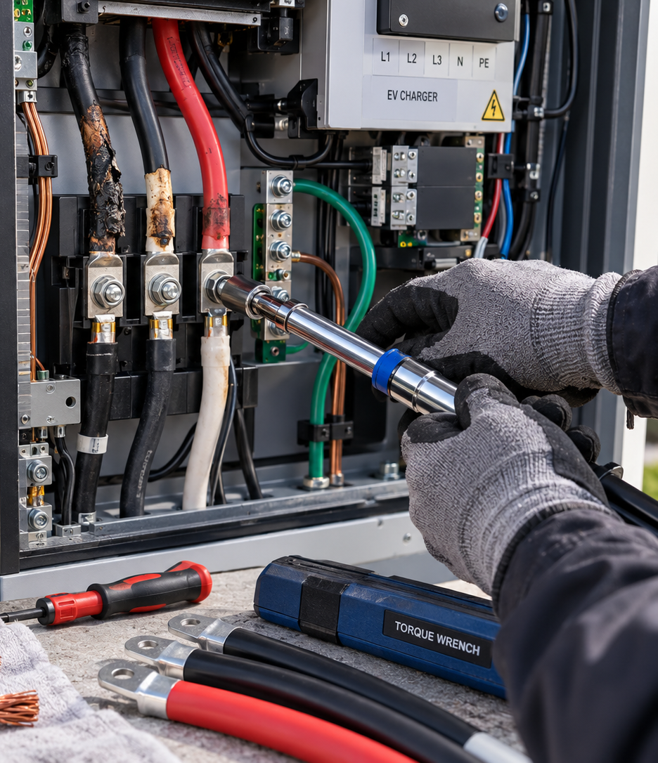 Gloved hands using a wrench on electrical panel wiring with red and black cables