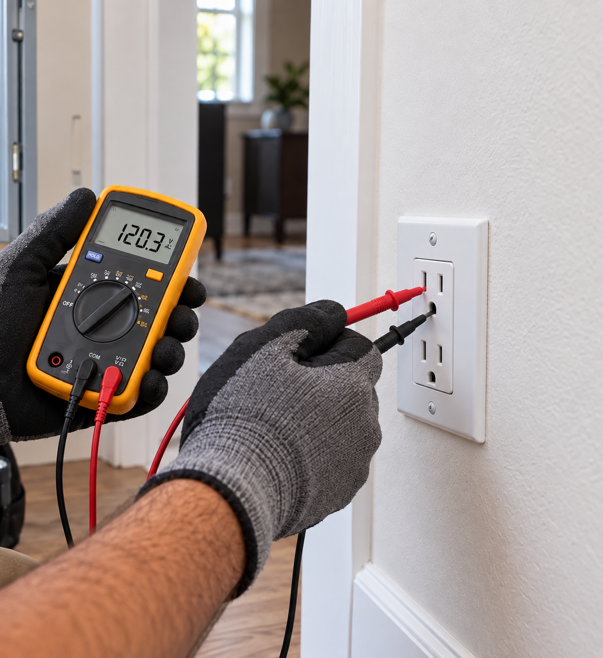 Electrician testing exposed wall wiring with a digital multimeter in a blue electrical box