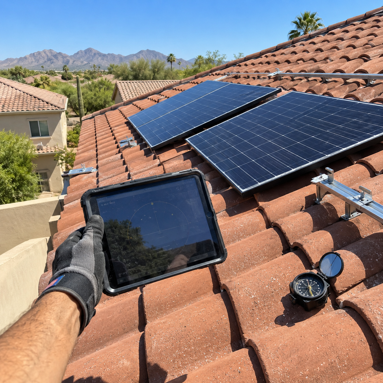 Gloved hand holding a black tablet on a rooftop beside solar panels and a work light under a clear sky