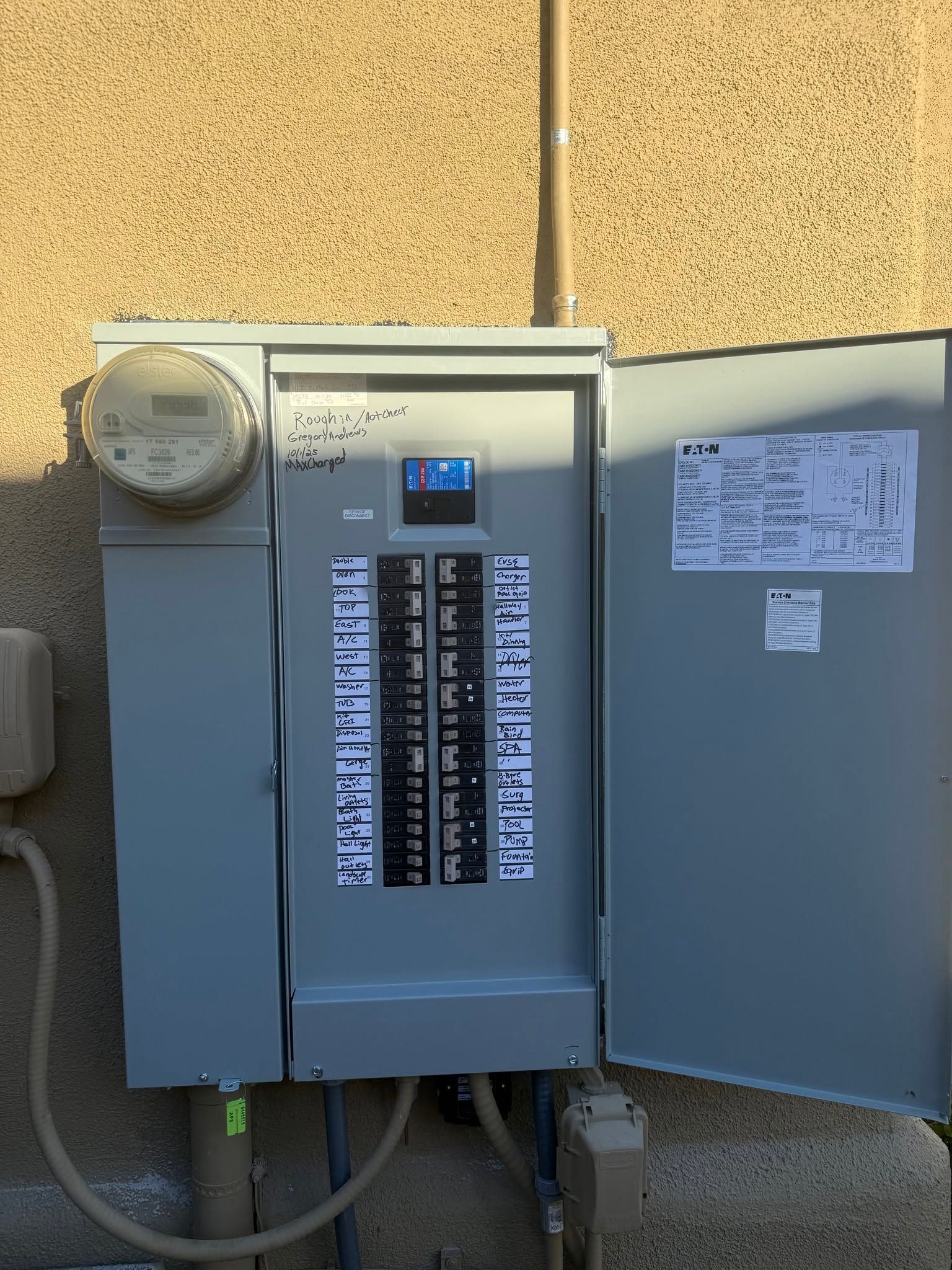 Gray electrical meter panel with open door and utility meters mounted on a tan wall