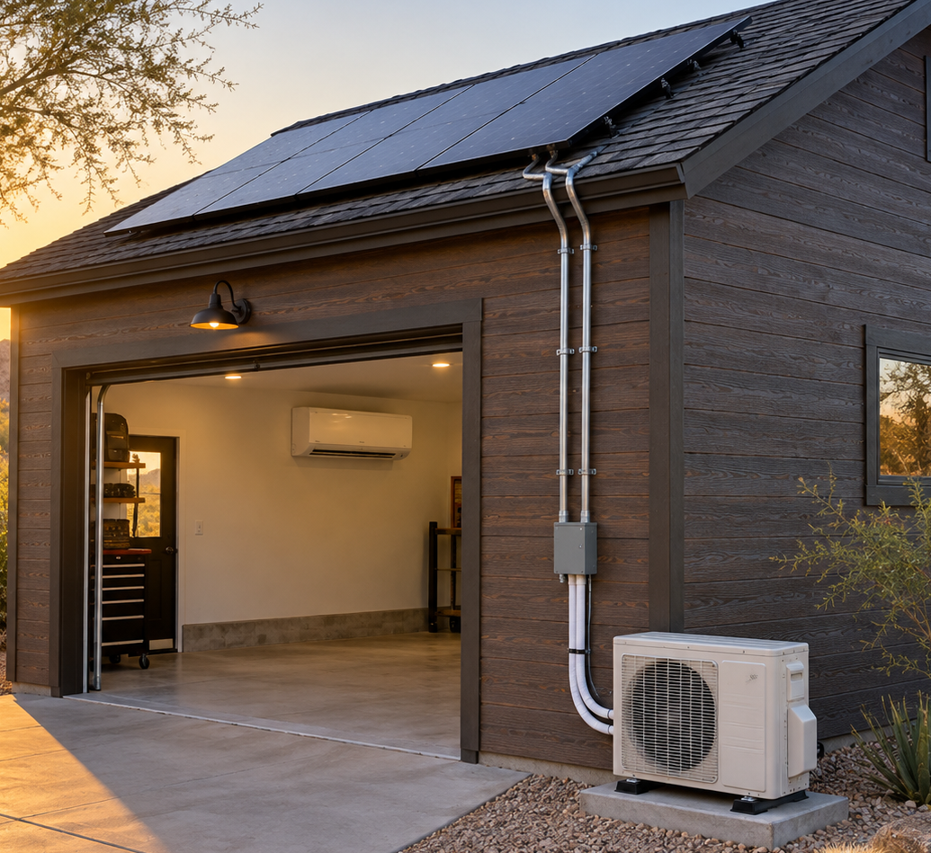 Detached garage with open door, wall-mounted AC unit, and brick exterior at sunset