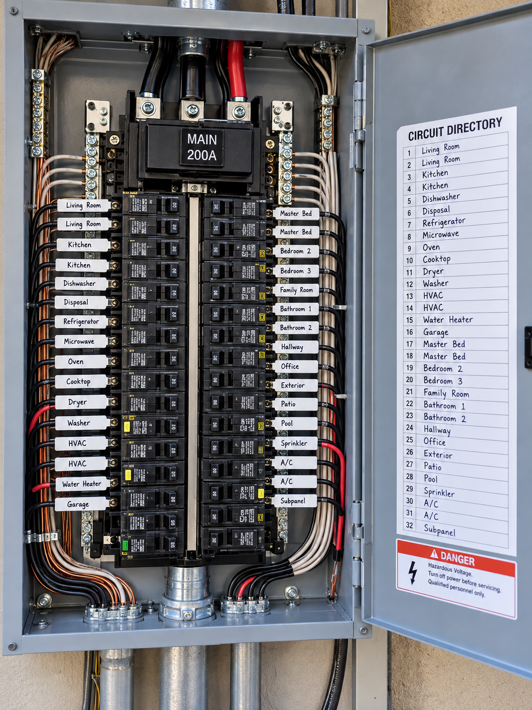 Open electrical breaker panel with labeled circuits and door diagram