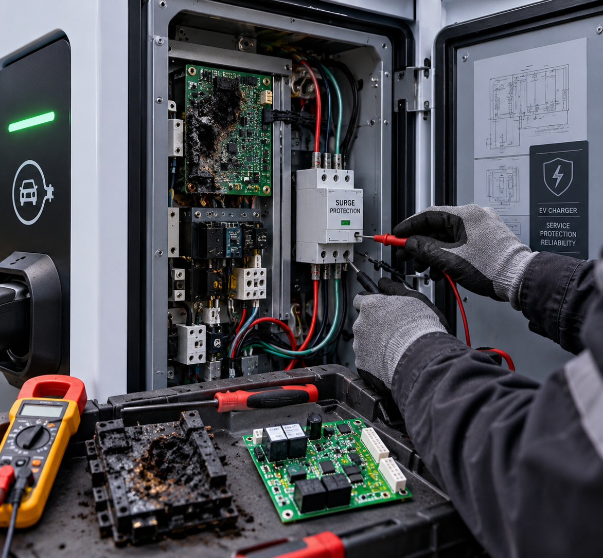 Technician wiring an open electrical cabinet with tools and exposed circuit boards in a repair setting
