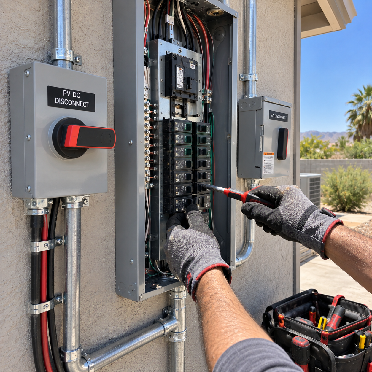 Electrician testing an open outdoor electrical panel with a multimeter beside a house.