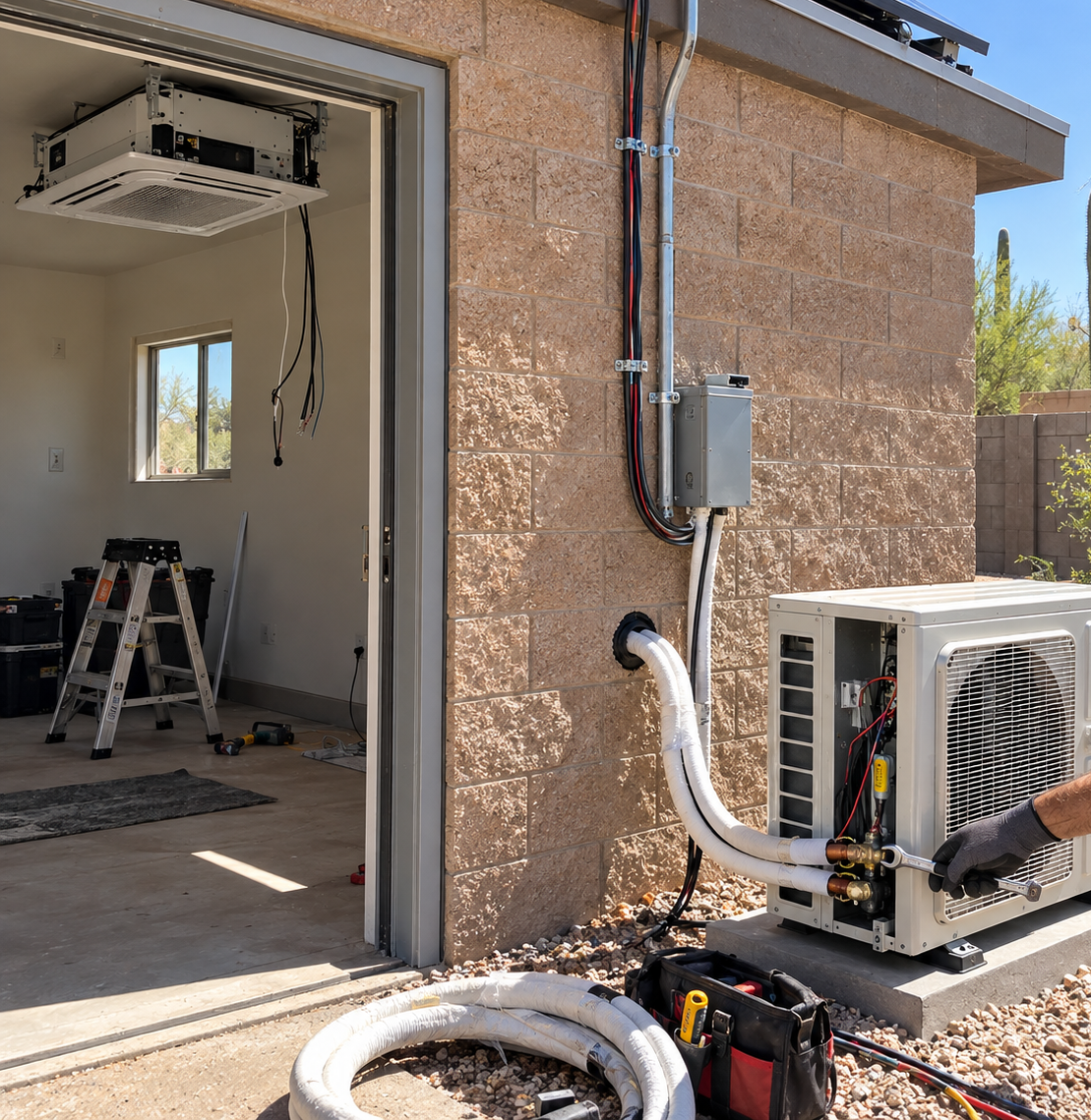Small utility room with HVAC equipment, wall-mounted panel, and coiled tubing beside a house.