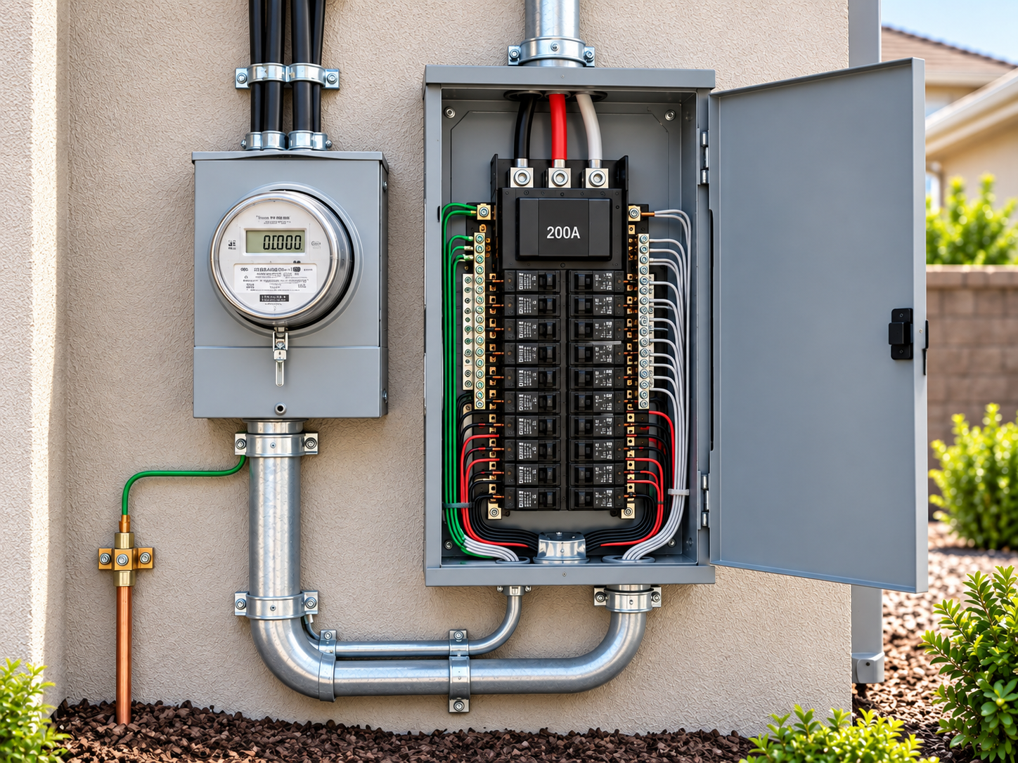 Outdoor electrical service panels and conduit mounted on a beige exterior wall.