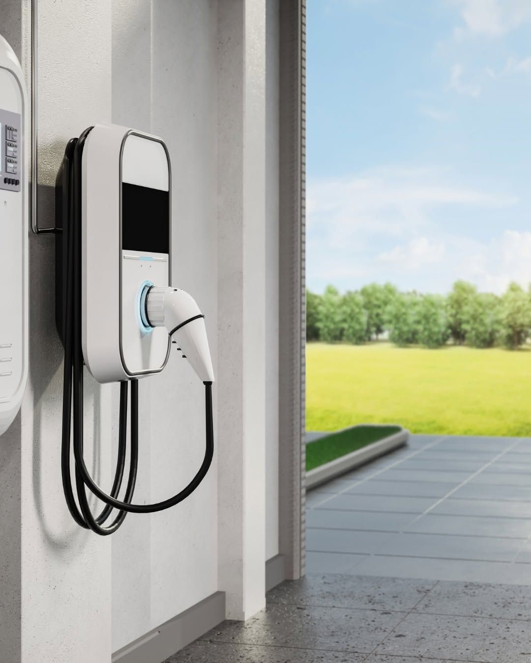 Coiled black charging cable hanging on a wall-mounted EV charger in a garage.