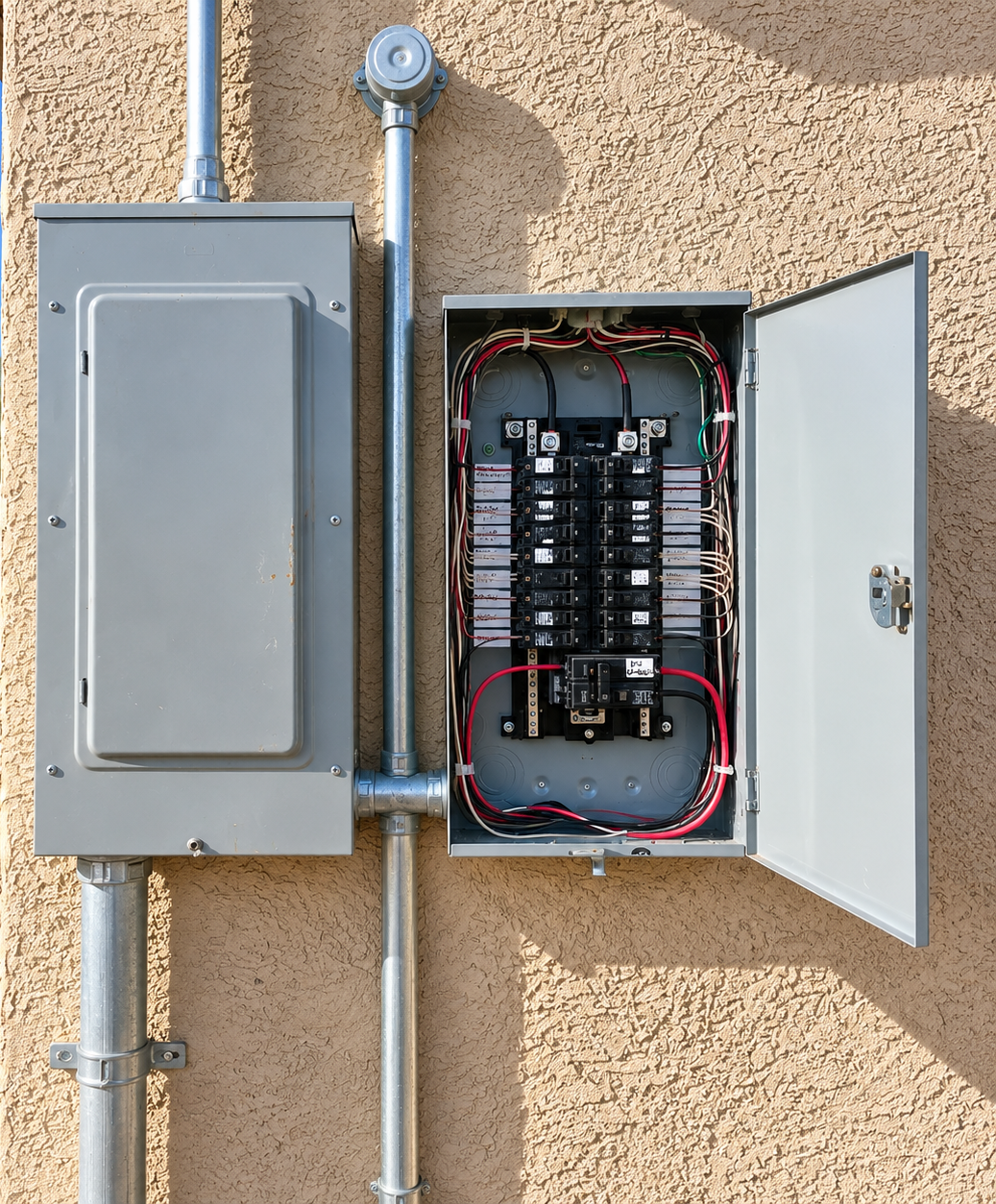 Open electrical breaker panel on a beige exterior wall with gray conduit pipes