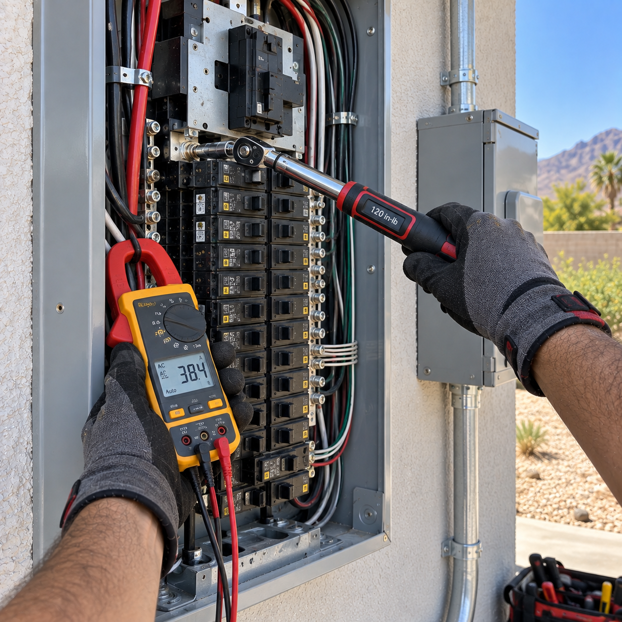 Open electrical panel with wiring and meters; a gloved hand points at components outdoors.
