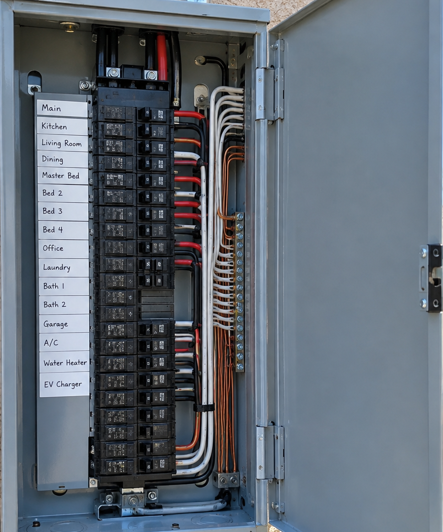 Open electrical panel with circuit breakers and labeled wiring inside a gray metal cabinet