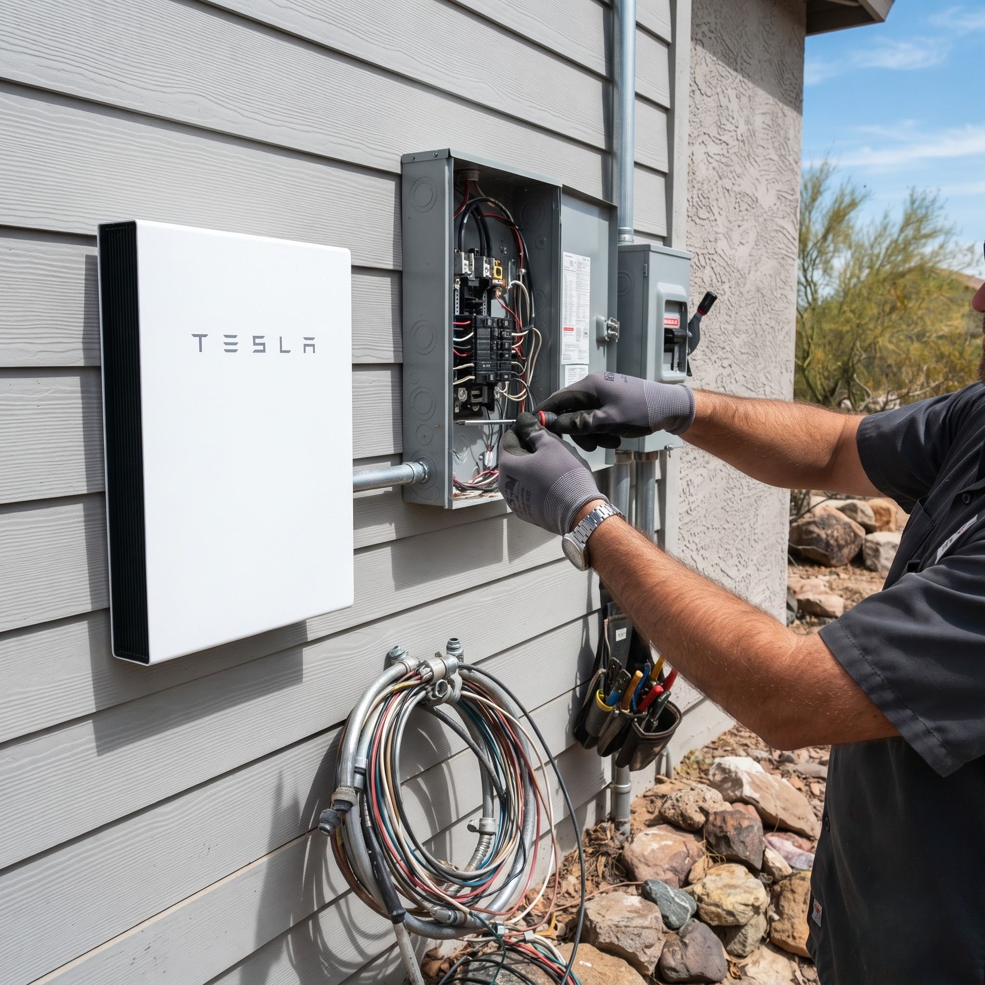 Technician wiring a Tesla power wall on an exterior house wall, with coiled cables and tools nearby
