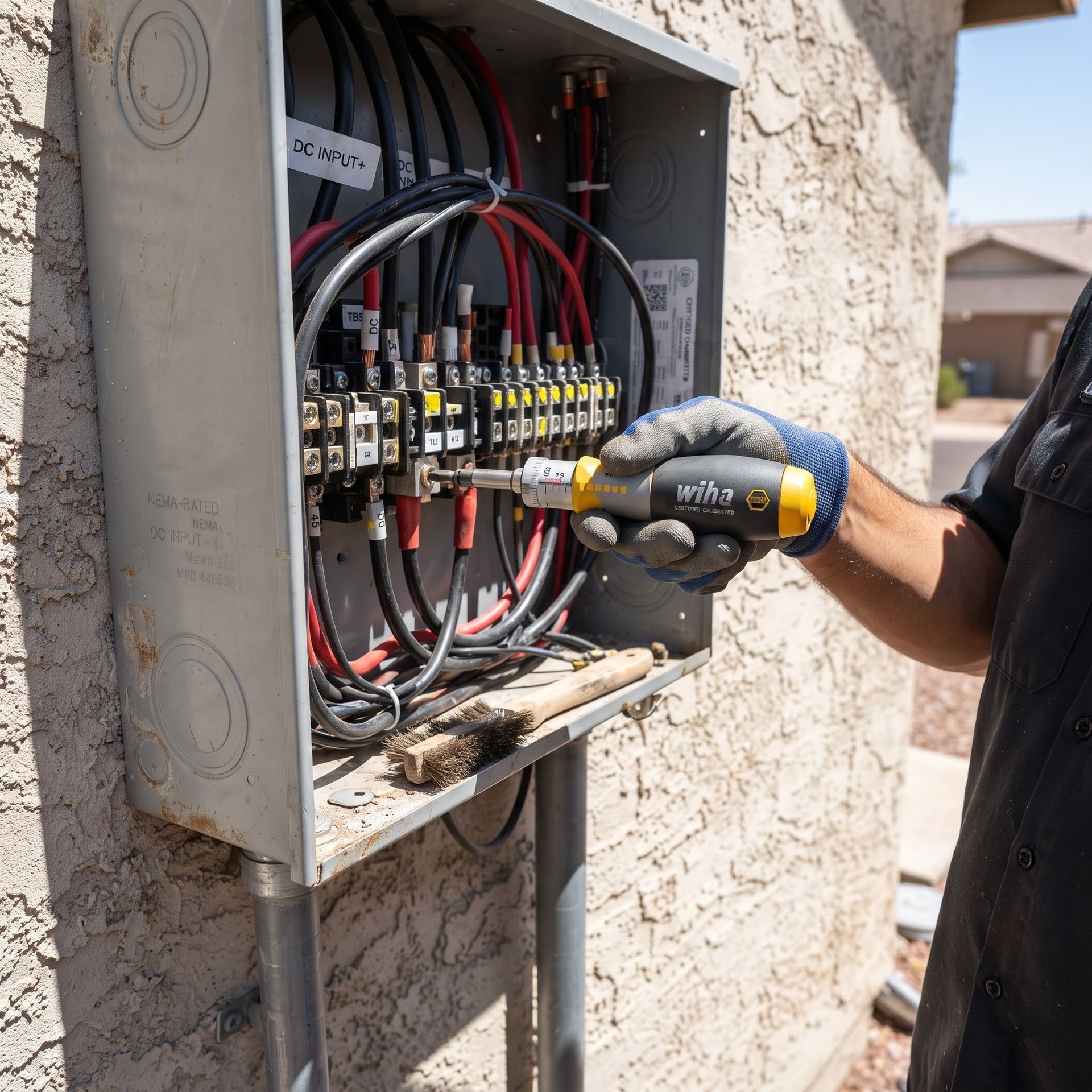 Electrician working on an open outdoor electrical panel with wires and breakers.
