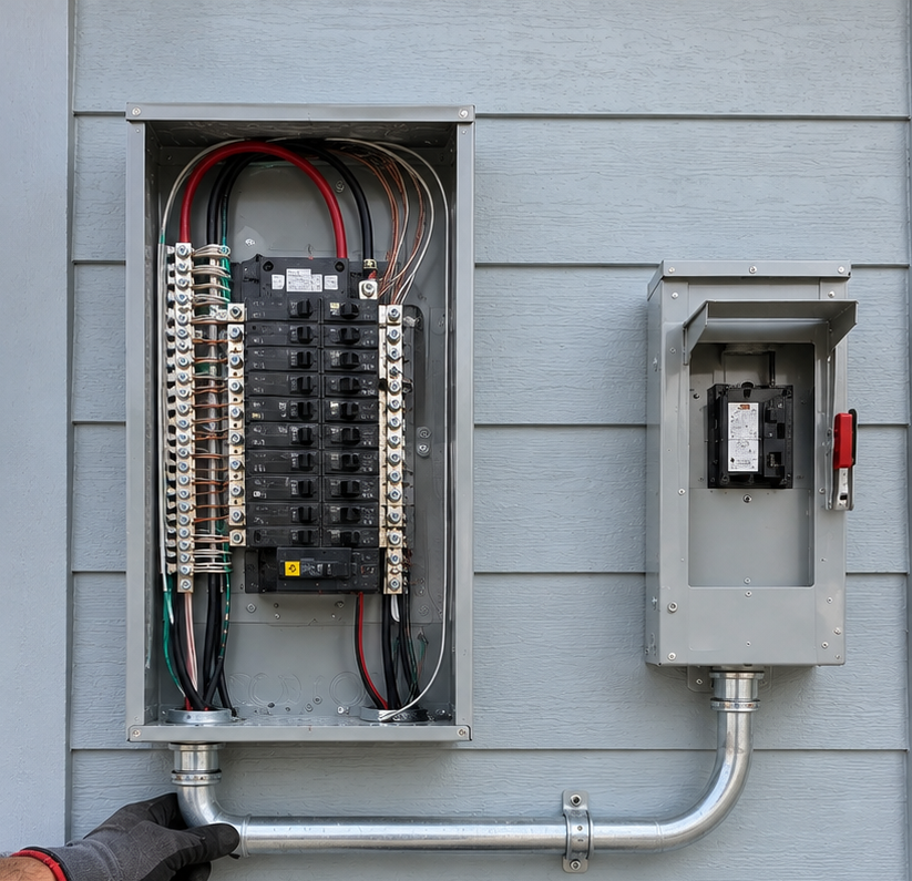 Open electrical breaker panels on gray siding with conduit and wiring exposed.