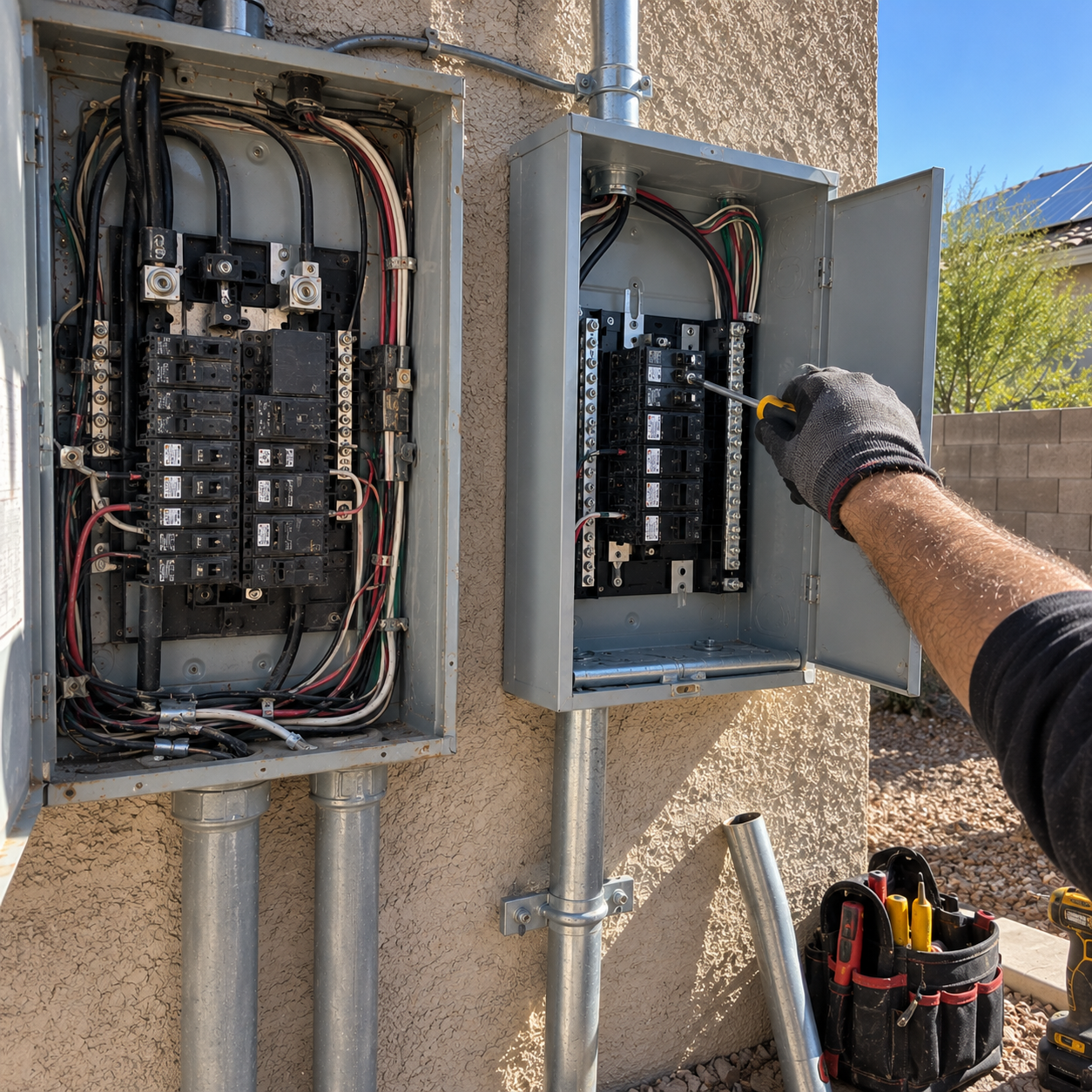 Open electrical panels on a stucco wall, with a gloved technician inspecting wiring.