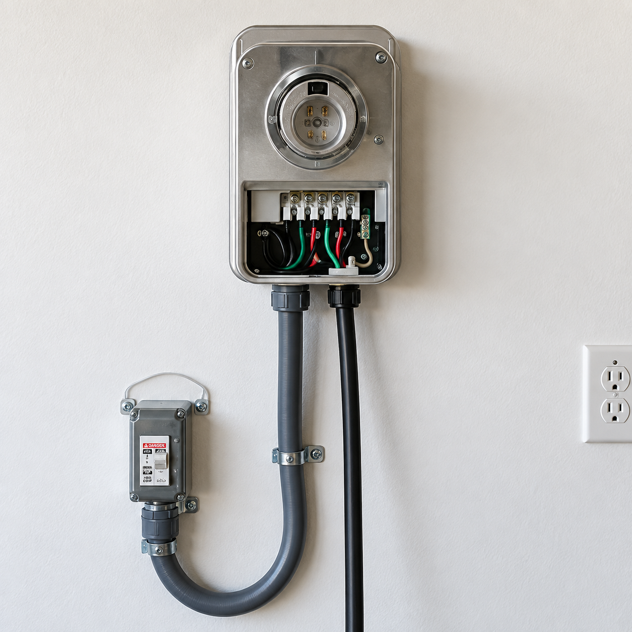 Electrical meter and breaker panel with exposed wiring on a wall, gray conduit below.