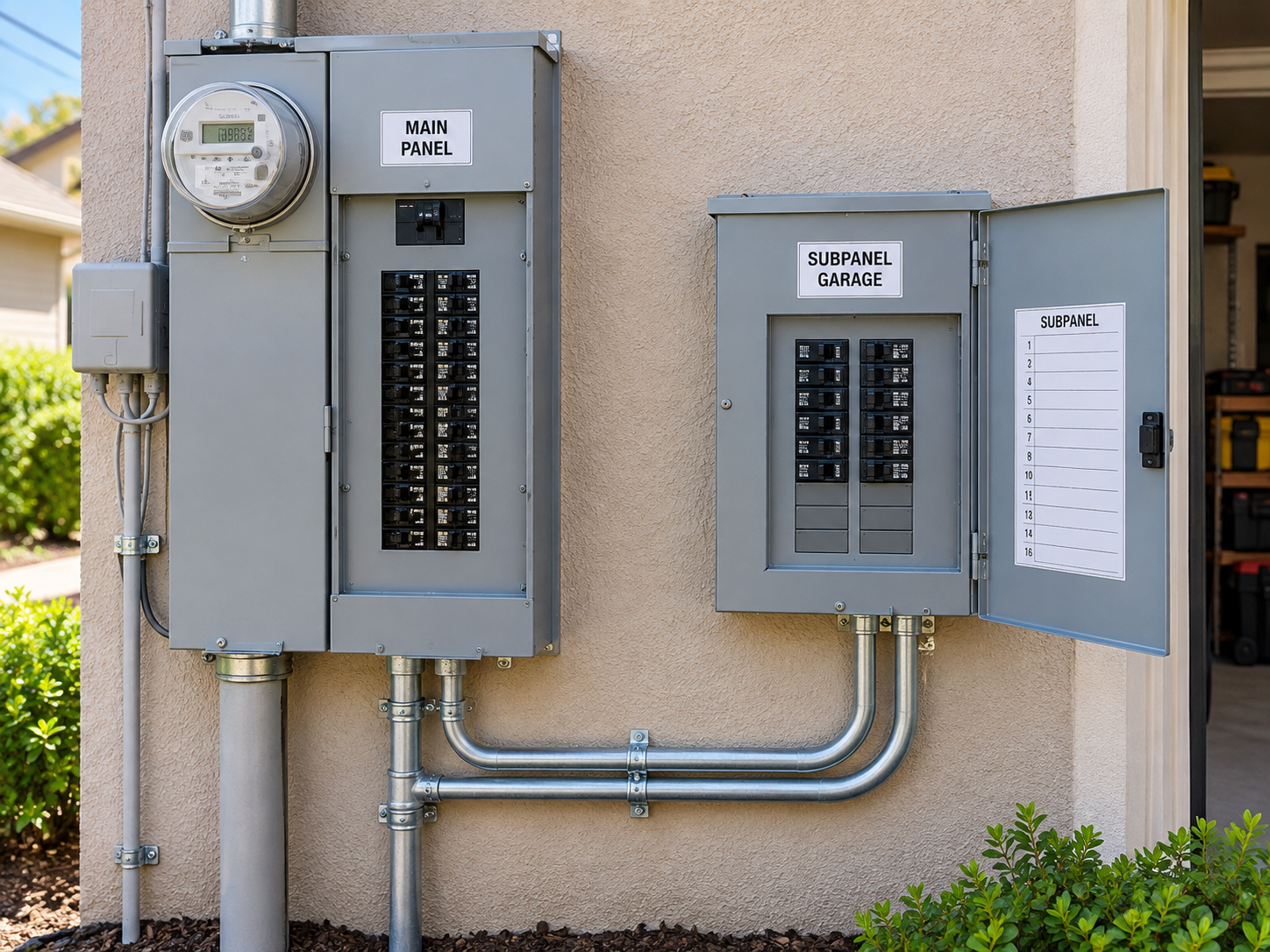 Gray electrical breaker panels mounted on an exterior stucco wall, with a utility meter on the left