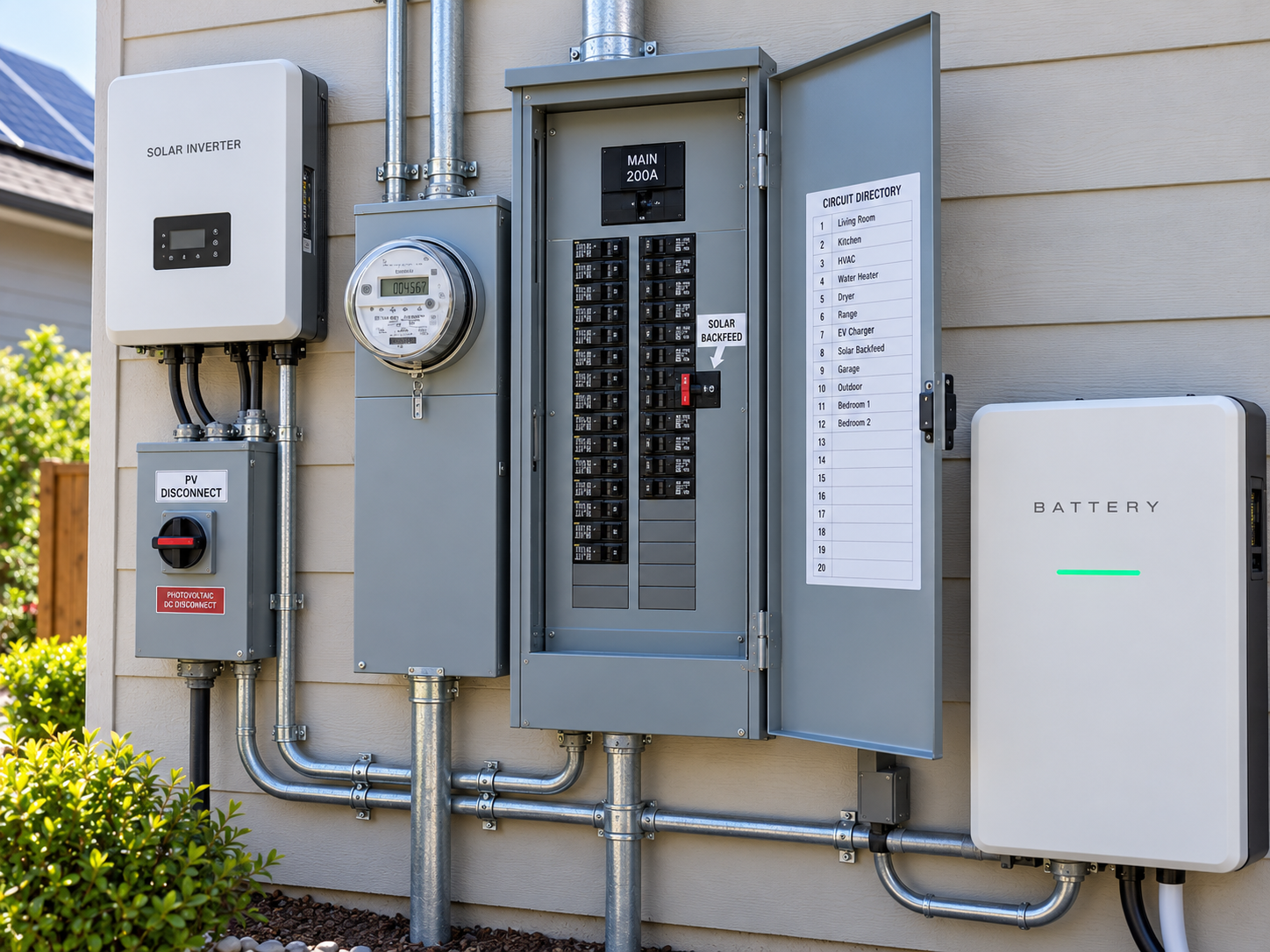 Electrical service panels and utility meters mounted on an exterior wall, with conduit and a white monitoring box.