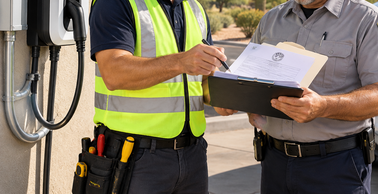Two workers in safety vests review paperwork outdoors beside a truck.